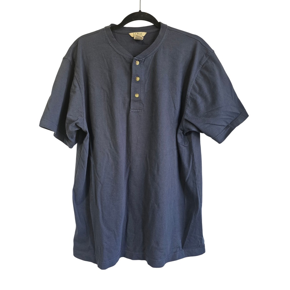 LL Bean Mens Carefree Unshrinkable Henley Shirt Navy Blue‎ Cotton Large Regular